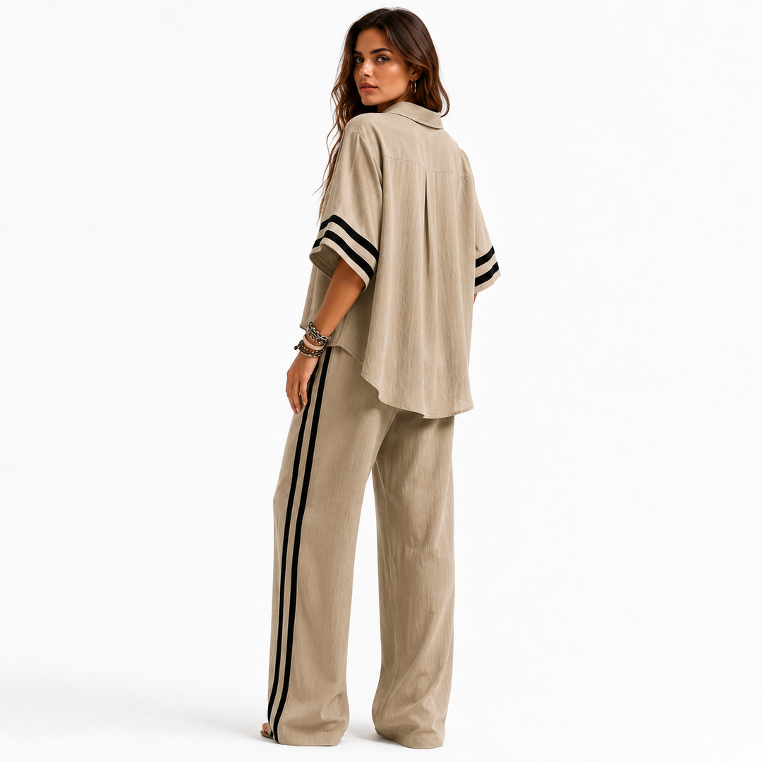 Relaxed two piece trouser set for women with summer-ready shirt, easy fit and elegant casual commute look for daily wear now.