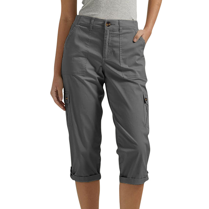 Gray cargo pants worn by a person on a white background
