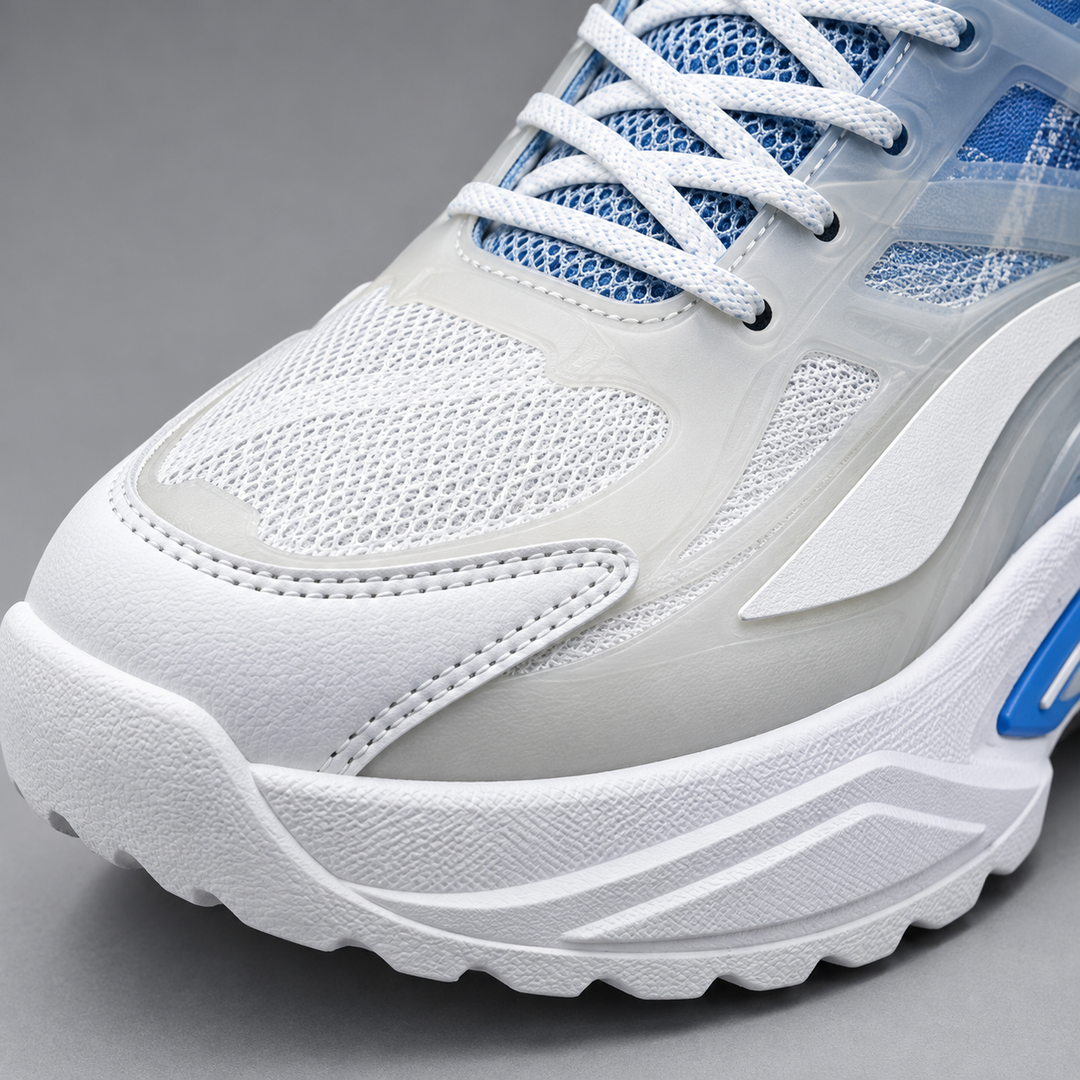 Macro view of the white and blue dad sneaker showing the mesh area, lace eyelets, stitching, layered panels and sculpted sole texture.