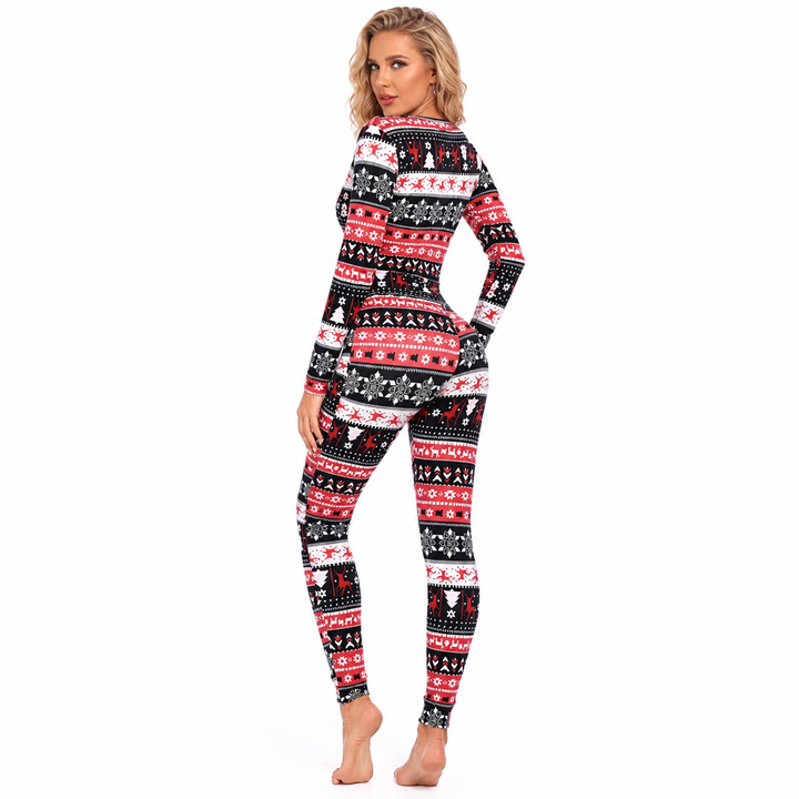 Holiday printed slim fit jumpsuit for women in black with cotton feel, regular sleeve and trendy pullover design in style now