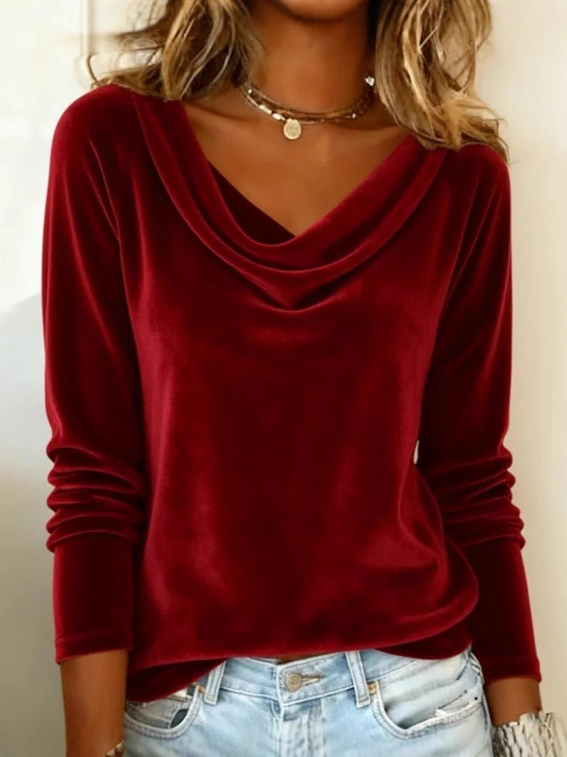 Velvet Long Sleeve Blouse Elegant Loose Fall Top Women&
