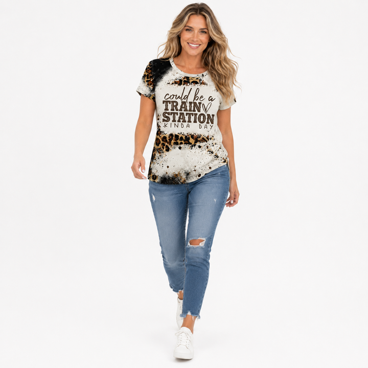 Bold graphic tee women style with leopard letter artwork, relaxed fit look, and simple pairing with wardrobe basics for daily