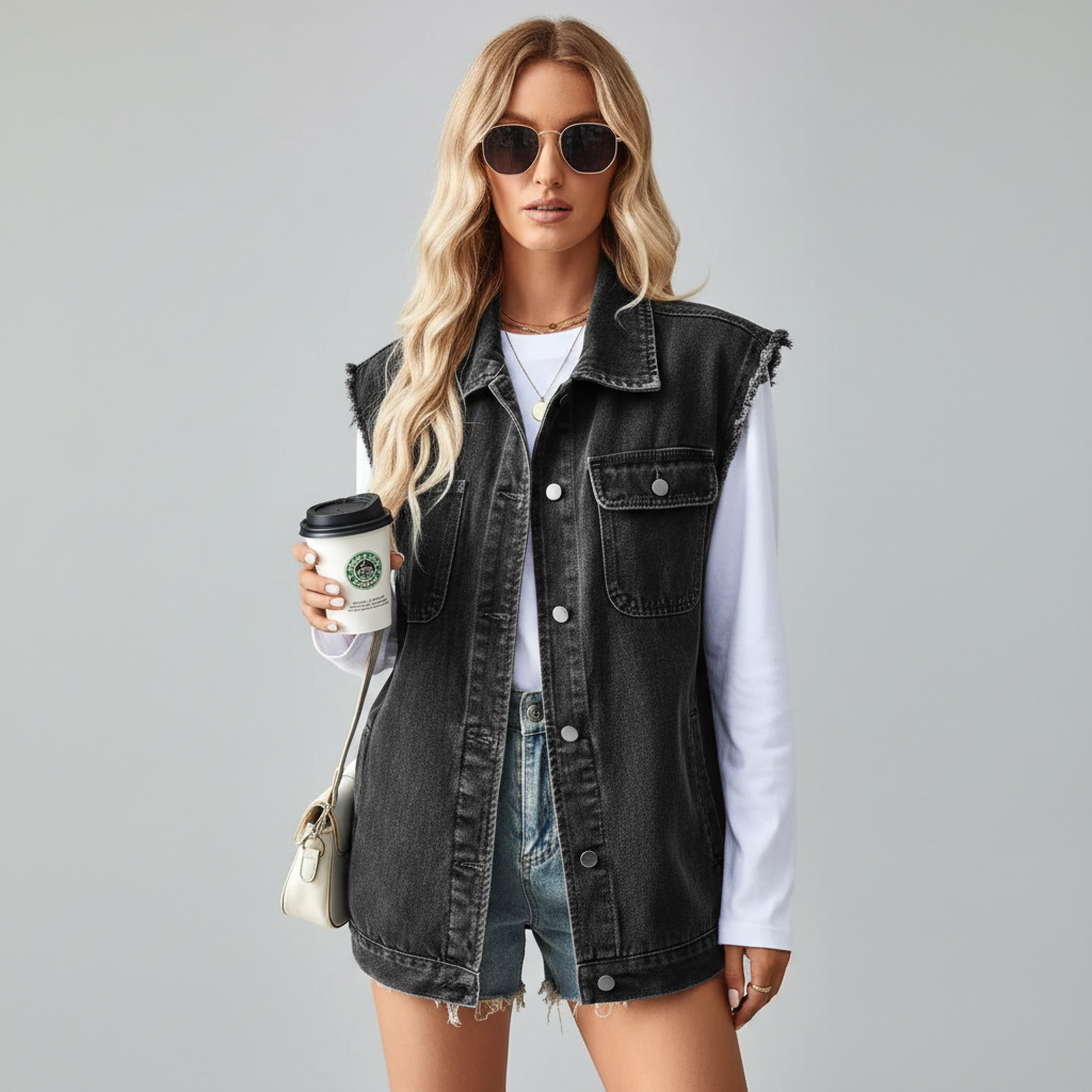 Sleeveless Denim Jacket with Raw Hem and Button Pockets