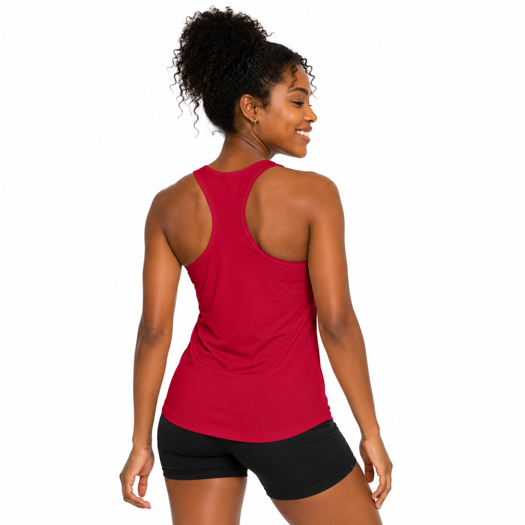 Purple racerback tank for women with Vibe Frequency graphic, ideal for yoga, gym session, festivals, and casual summer style.
