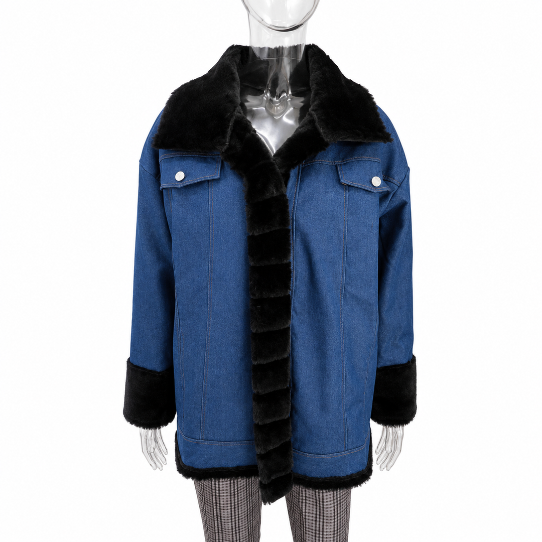 Blue denim jacket with black fur trim on a mannequin against a white background
