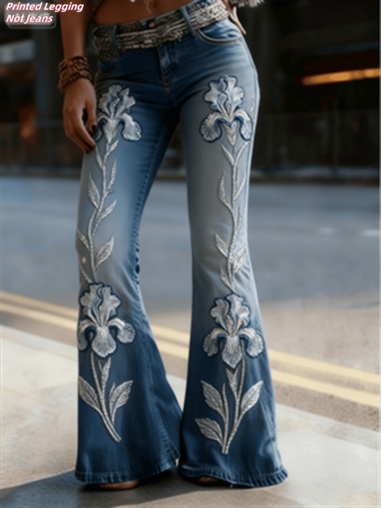 womens flare jeans geometric panel detail near knee and calf, light blue wash flared cut for long-leg look
