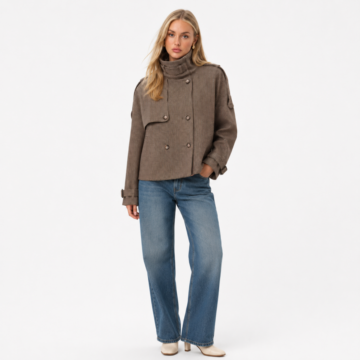 Dark brown patterned coat for women, with houndstooth styling, relaxed fit, regular sleeves, buttons, and polyester material.