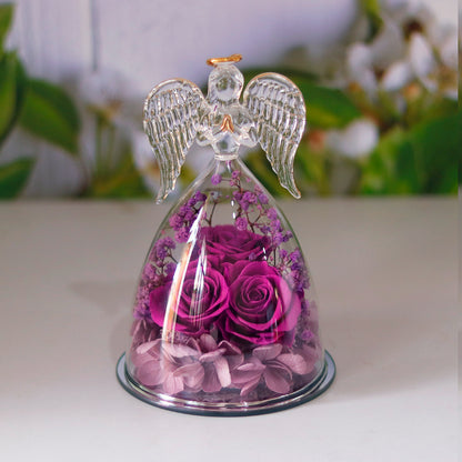 dried rose gift box top view of glass bottle dome with angel figure and preserved rose for elegant home decor
