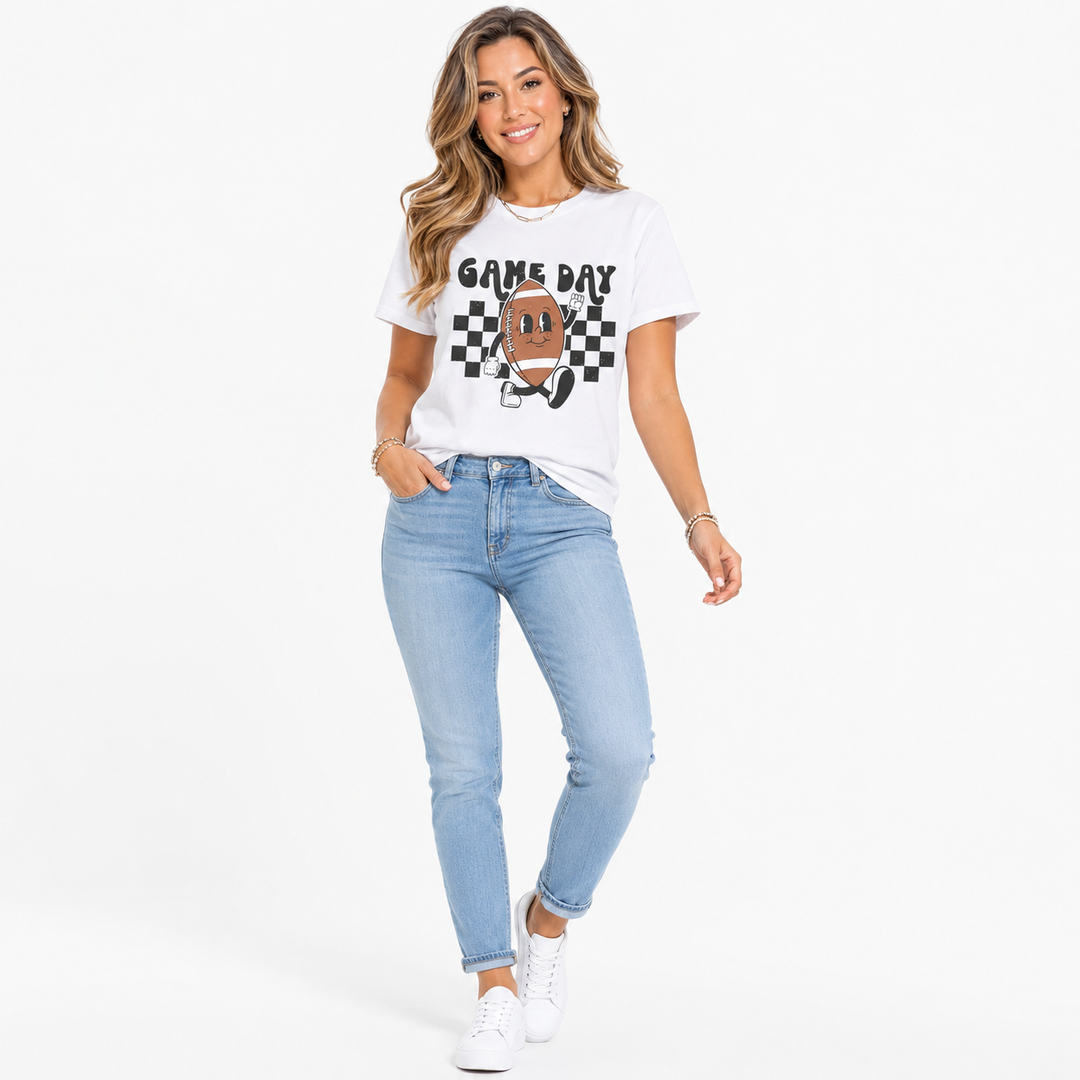 Women game day football shirt with sporty graphic design, short sleeve shape and easy outfit appeal for relaxed fan day look.