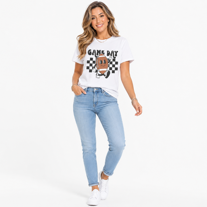 Women game day football shirt with sporty graphic design, short sleeve shape and easy outfit appeal for relaxed fan day look.