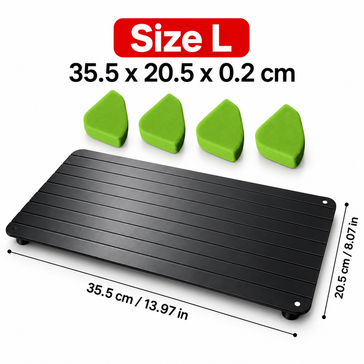 Size L black tray measuring 35.5 x 20.5 x 0.2 cm with four green corner pieces
