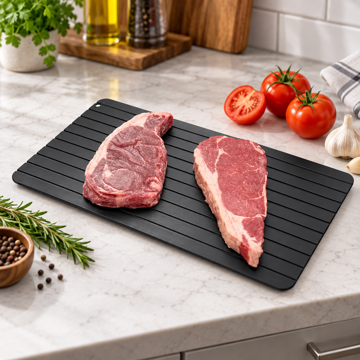 Black ridged thawing plate holding two steaks on a kitchen counter