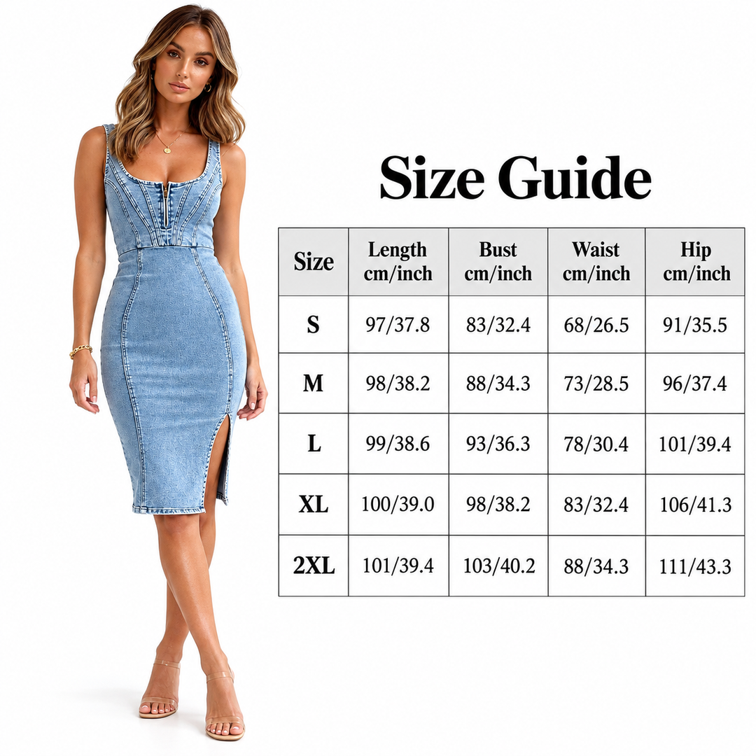 Size guide for the denim dress with a model in blue, listing S to 2XL length, bust, waist and hip values in cm and in inches.