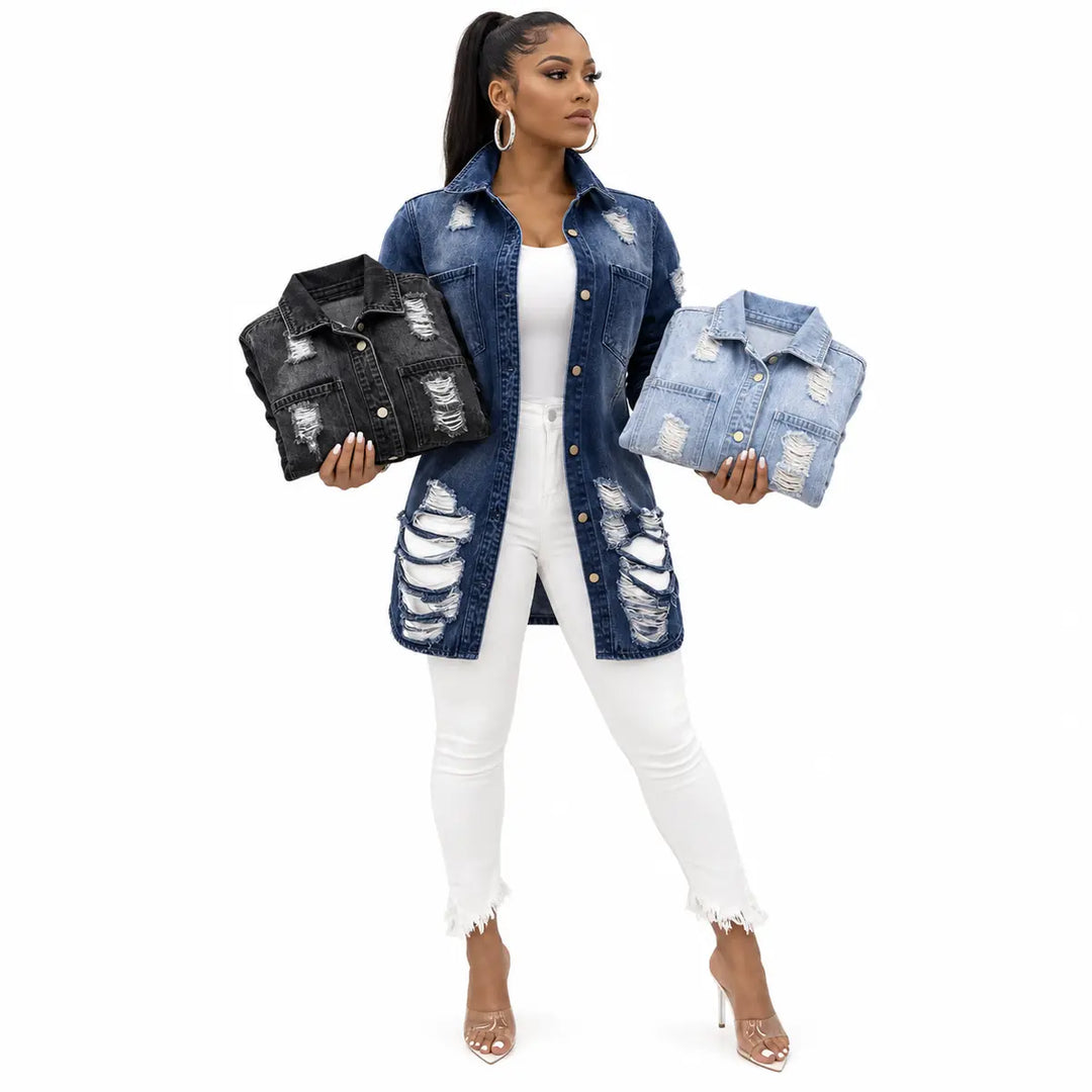Model showing three verified jacket colors together, each with a longline shape, pointed collar and distressed front details.