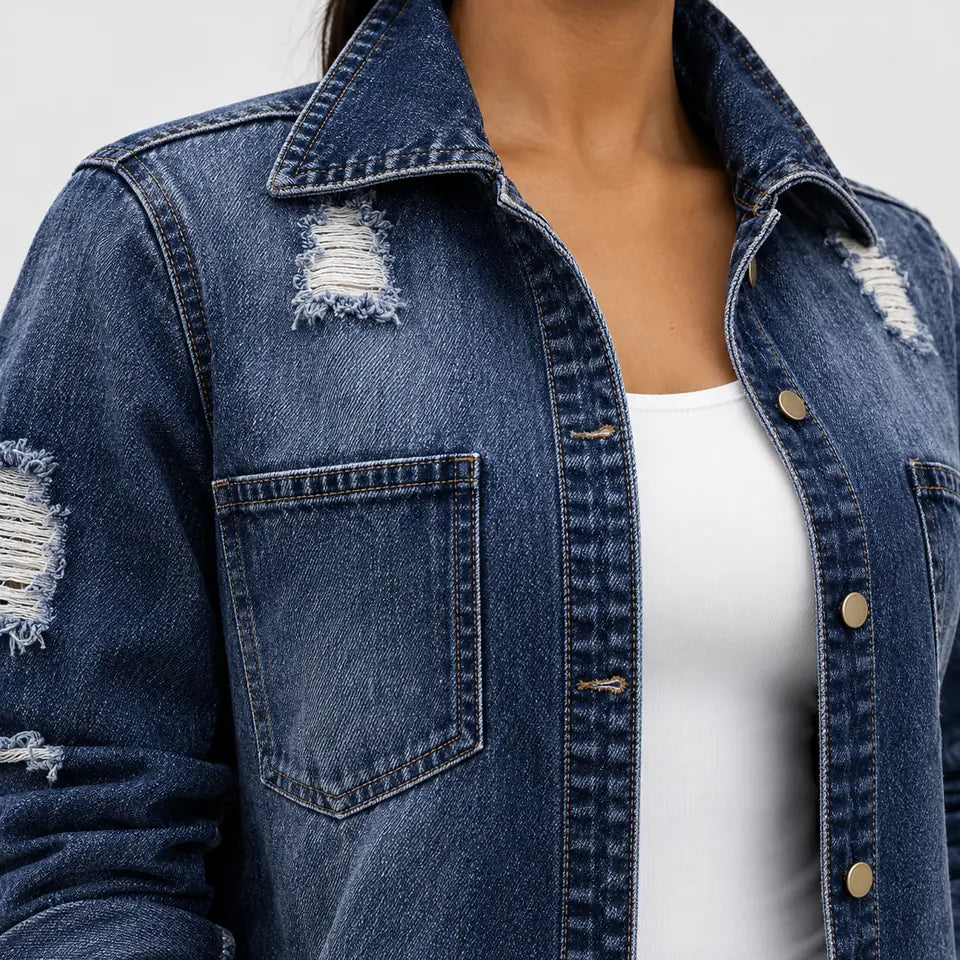Detailed close-up view of the pointed collar, chest pockets, button fastening and ripped panels on the longline denim jacket.
