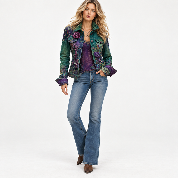 Denim jacket women styled on a professional model in Dark Teal and Forest Green for an urban outfit view