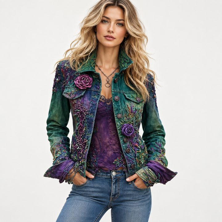 Denim jacket women in Dark Teal and Forest Green shown on model for clear street-style product view