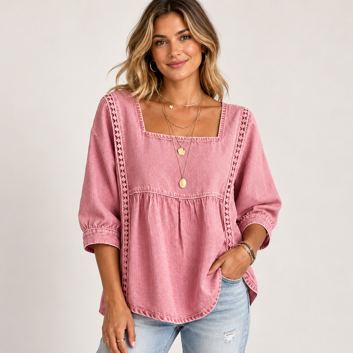 Pink lace patchwork blouse on a model with square neckline, gathered seam, regular sleeves and casual denim styling.