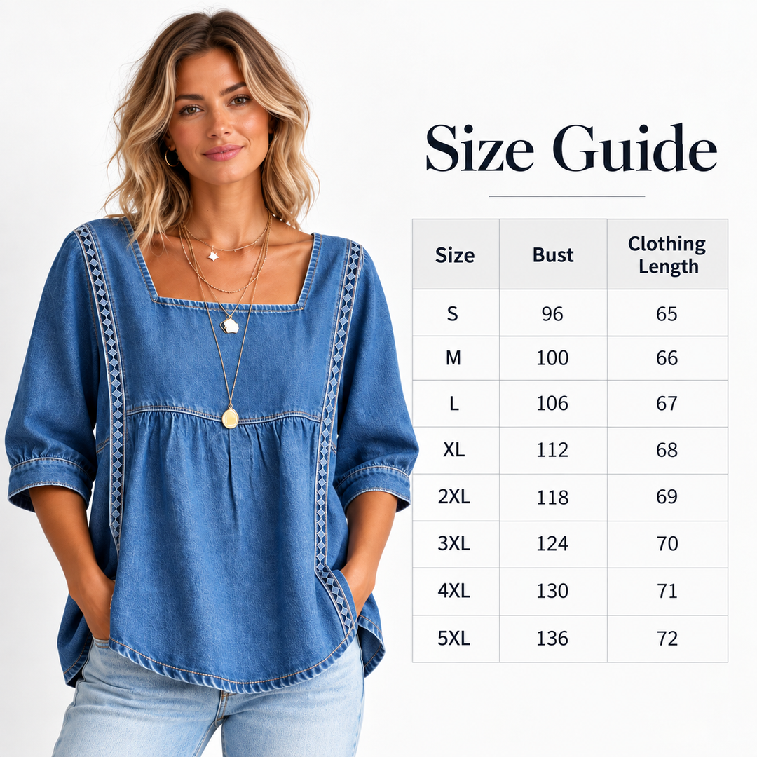 Size guide for the denim blouse showing verified sizes S through 5XL with bust and clothing length values.