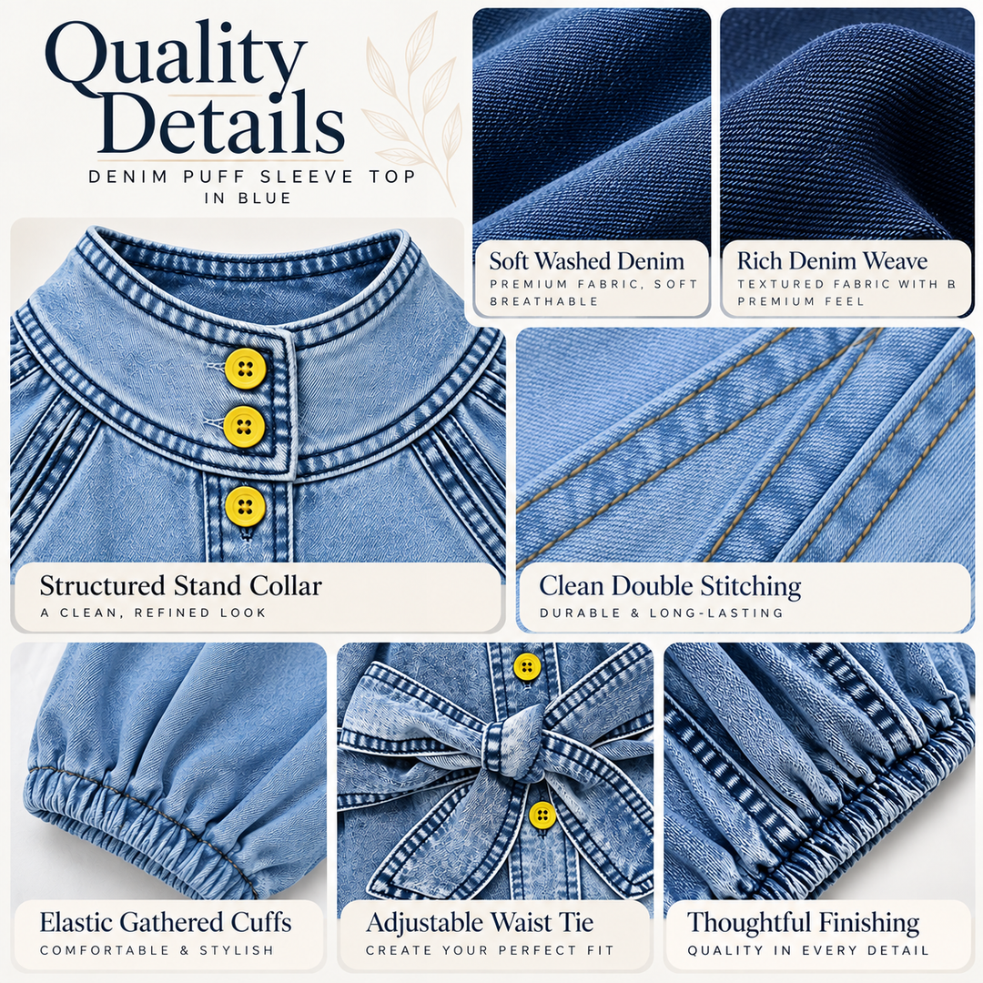 Quality detail collage for blue denim puff sleeve top showing collar, stitching, cuffs, waist tie and denim weave