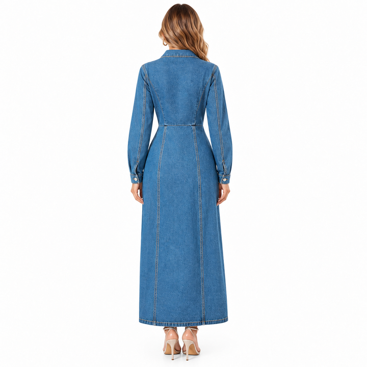 Denim shirt dress back view showing long sleeves, waist seams and ankle-length silhouette