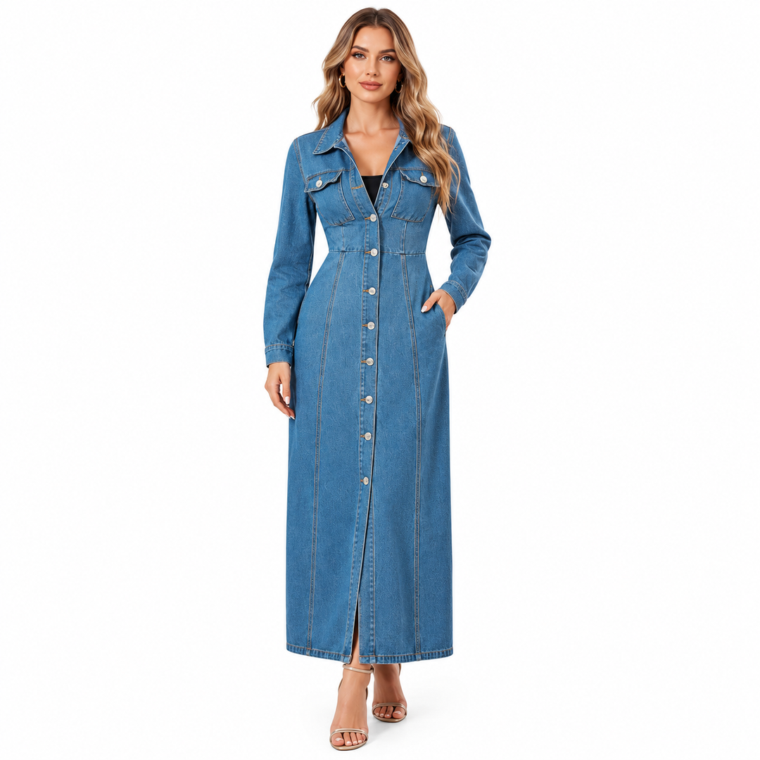 Denim shirt dress in blue, full-length front view with button closure and long sleeves