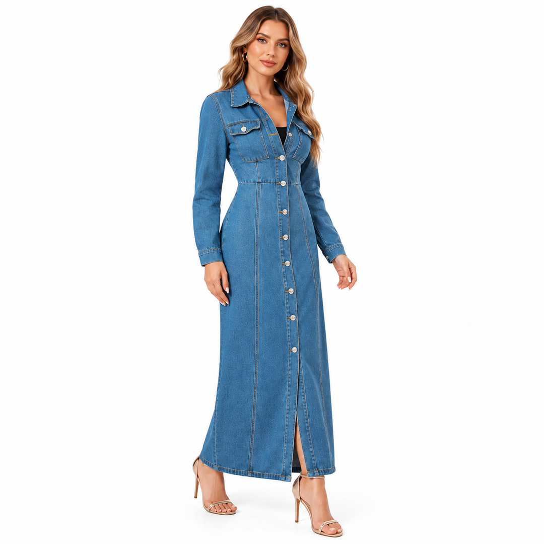 Denim shirt dress in three-quarter view with collar, chest pockets and front buttons