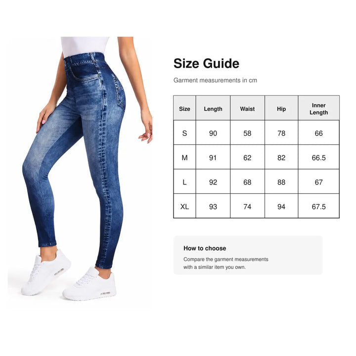 Denim-look yoga leggings size guide with S, M, L and XL garment measurements in centimeters.