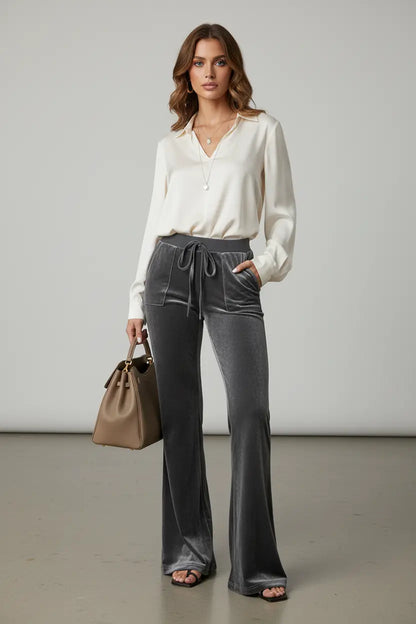 figure flattering pants women mid waist brown polyester fabric
