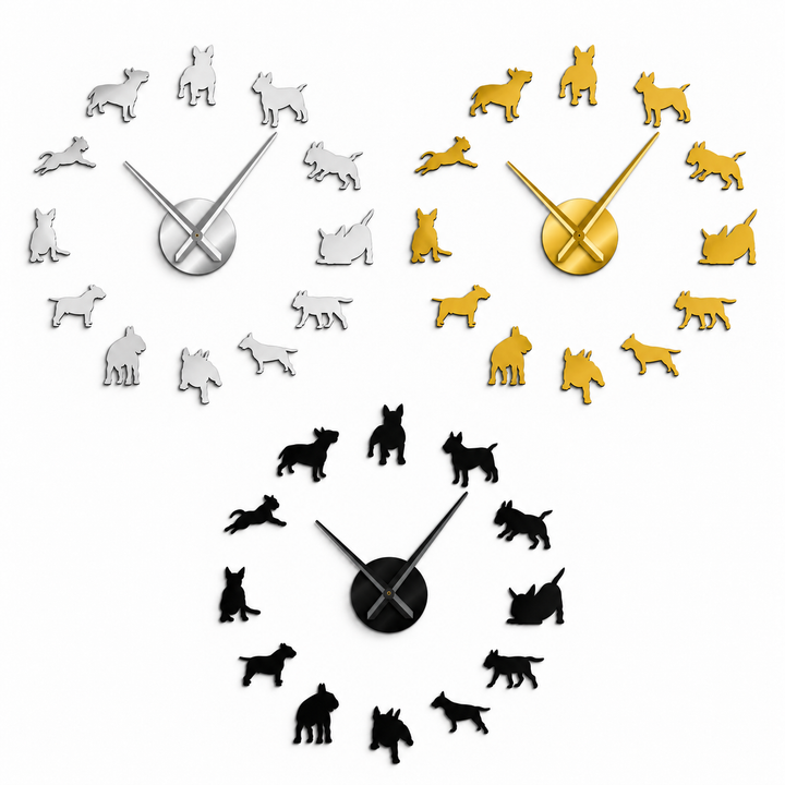 Black, gold and silver dog wall clock color options shown together with the verified twelve dog silhouette marker design.