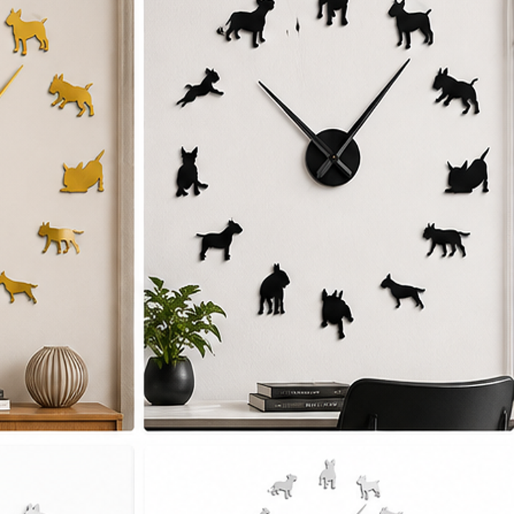Gold dog wall clock displayed on a neutral interior wall with twelve dog silhouette markers arranged around the central clock hands.