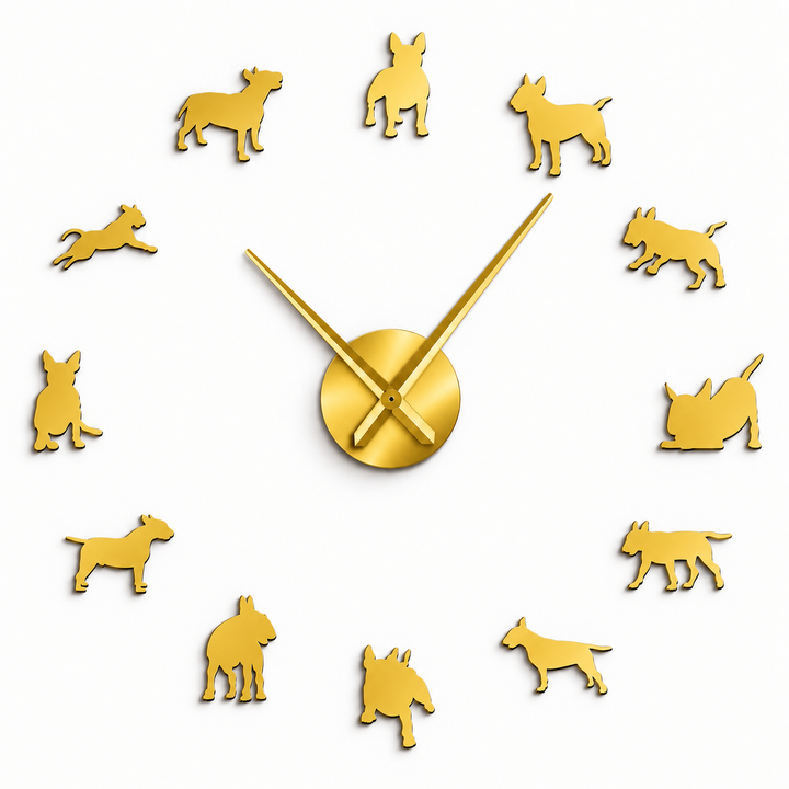 Gold dog wall clock with twelve dog silhouette hour markers and a central quartz clock mechanism on a clean white background.