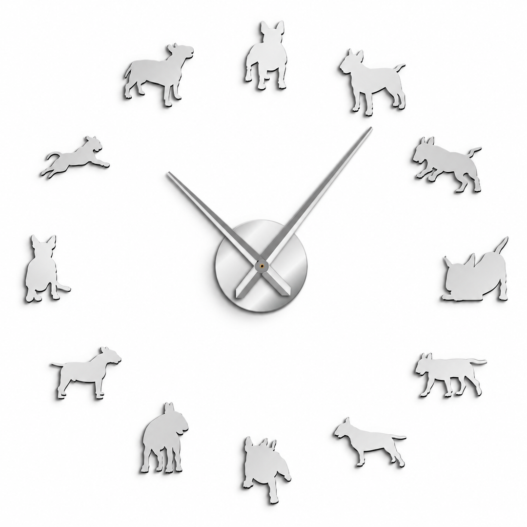 Silver DIY dog wall clock on a clean white background with twelve dog silhouette markers and a central round quartz clock hub.