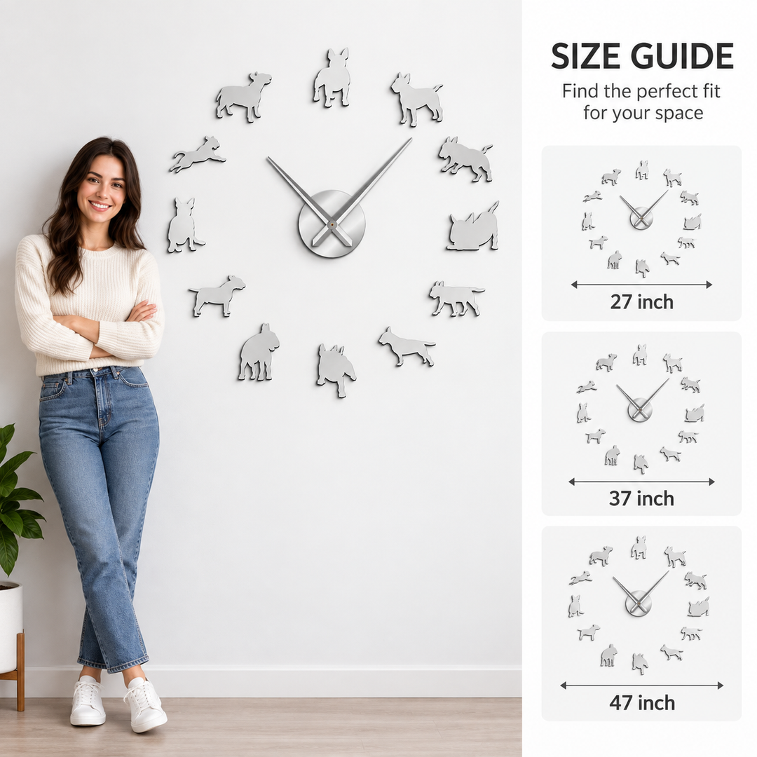 Dog wall clock size guide showing the verified 27 inch, 37 inch and 47 inch options with silver dog silhouette design.