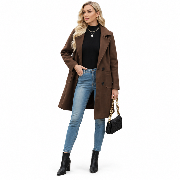 Dark brown coat with lapels and patch pockets