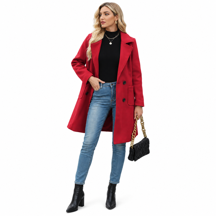 Red coat styled with blue jeans and a small bag
