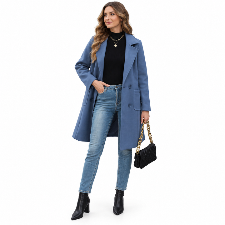 Blue coat with lapels styled on a full-length model