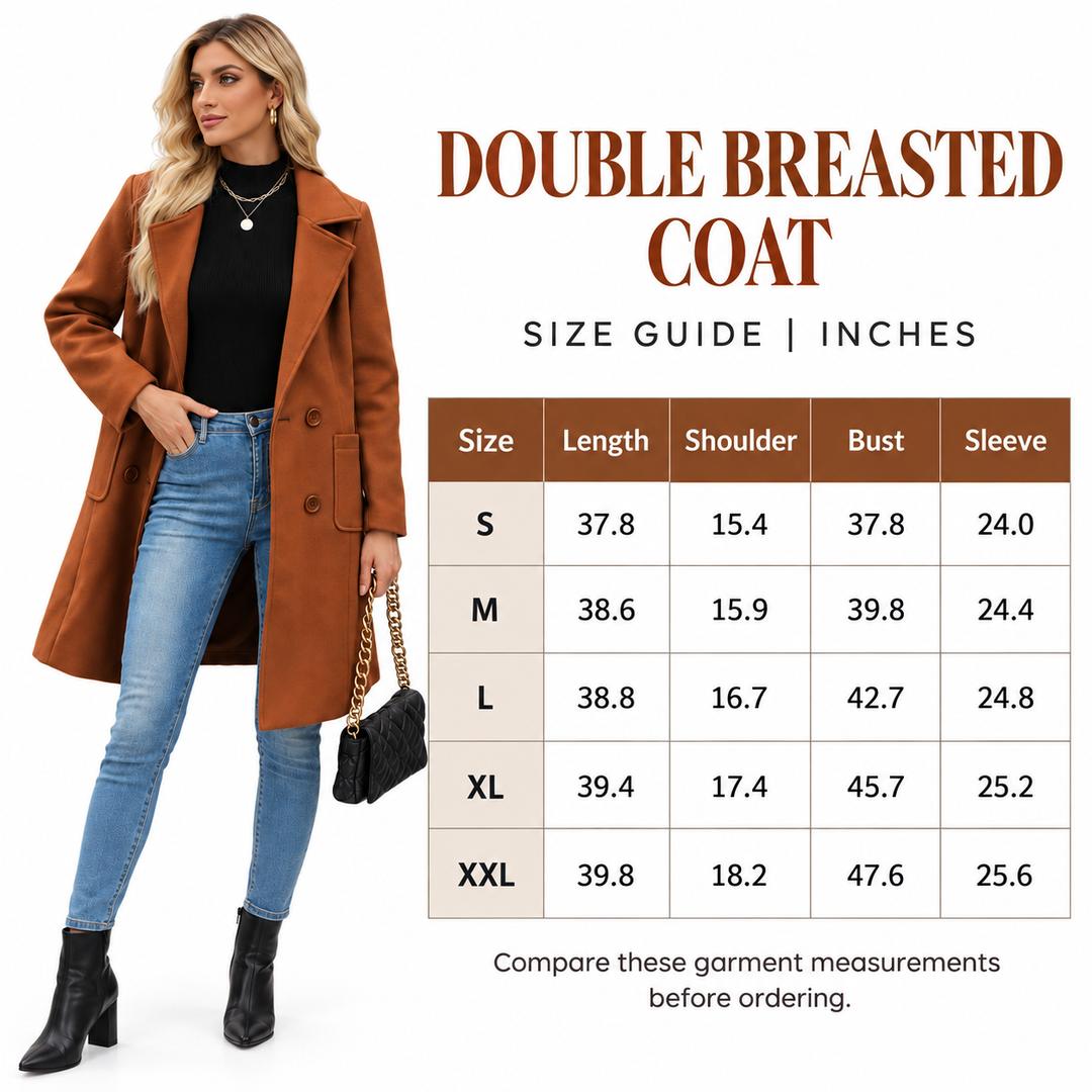 Double breasted coat size guide in inches for S through XXL with a model wearing the brown coat