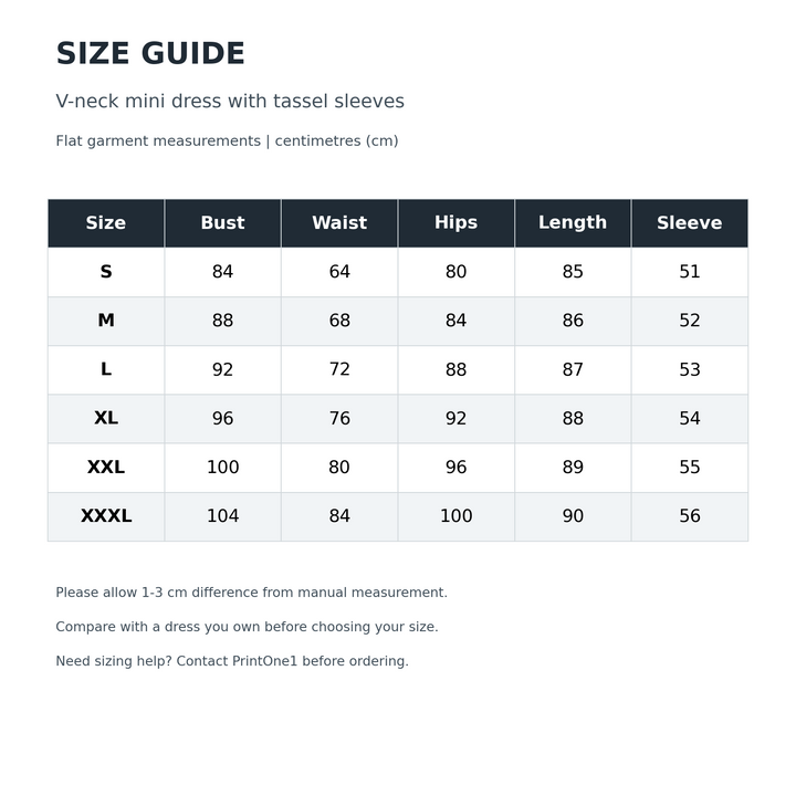 English size chart showing bust, waist, hips, dress length and sleeve values in cm for sizes S to XXXL, with measuring notes.