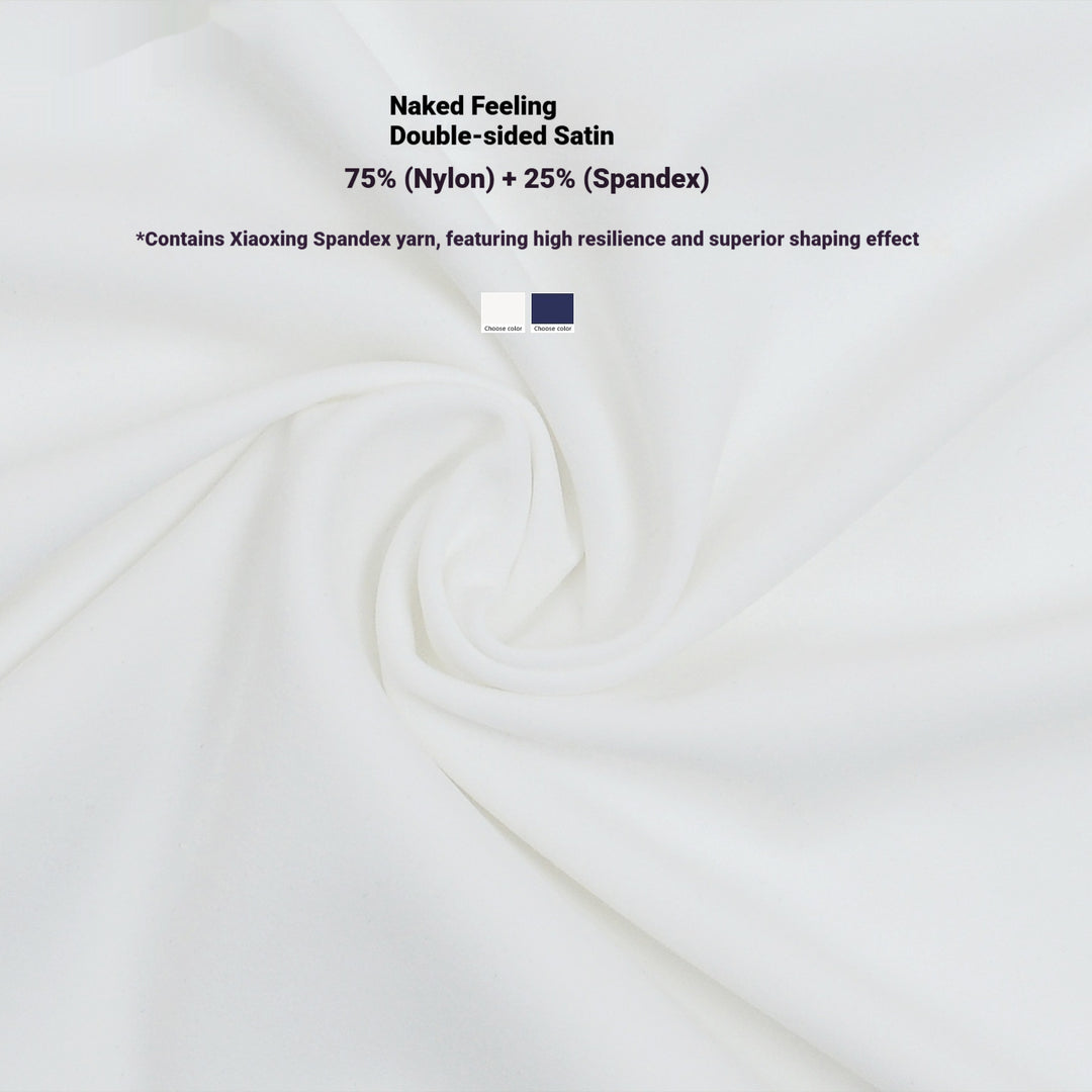 White satin fabric with product details on a white background