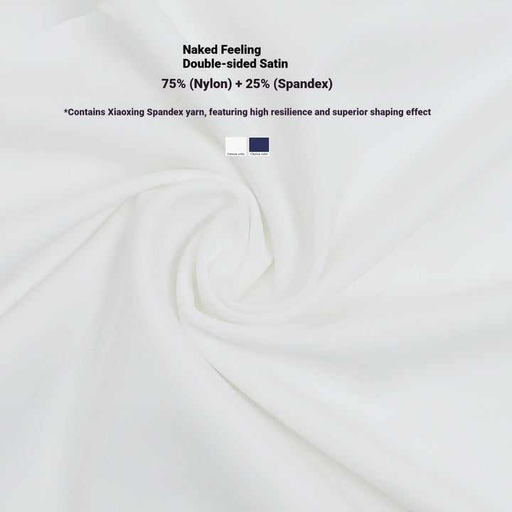 White satin fabric with product details on a white background