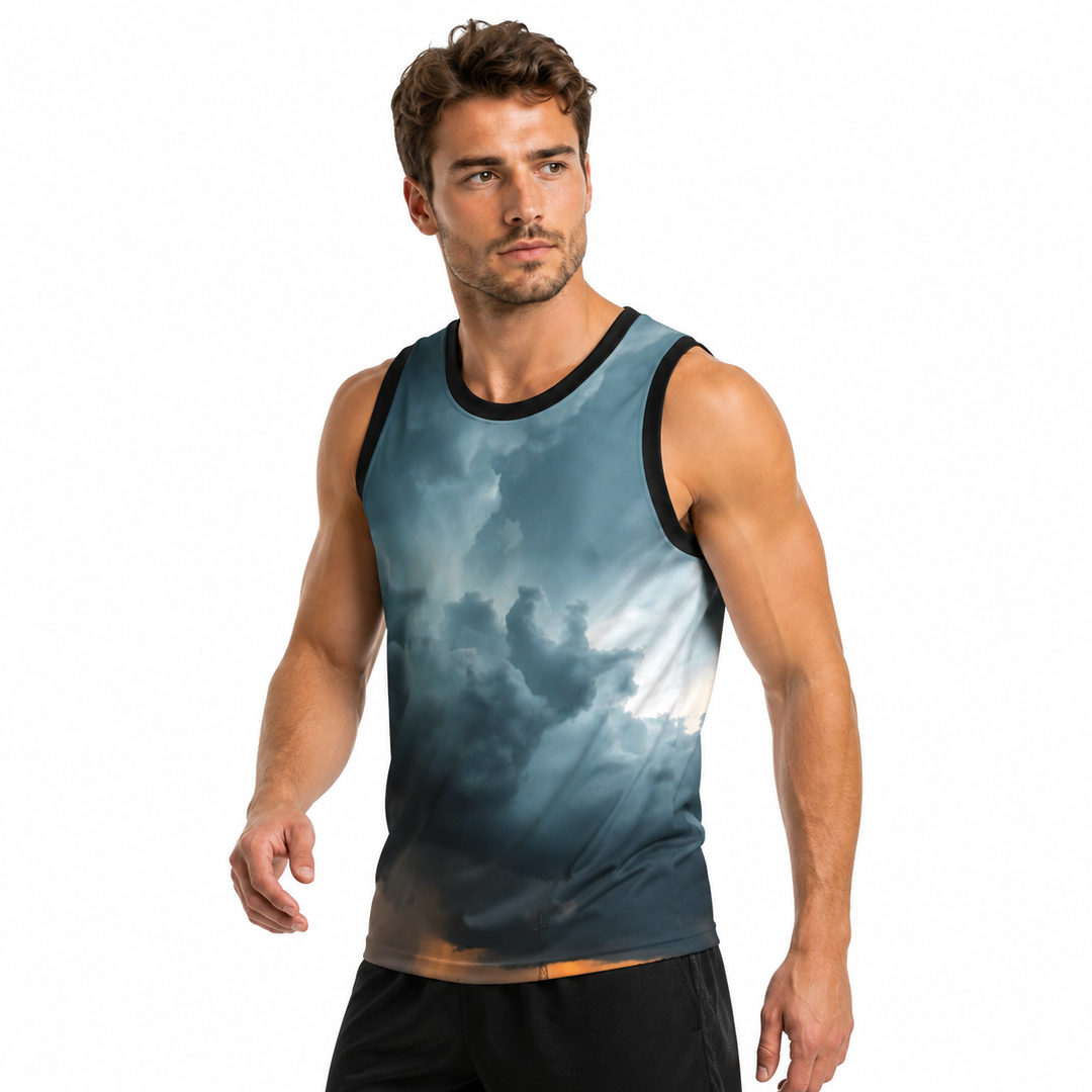 Man wearing a sleeveless shirt with a cloud pattern on a white background