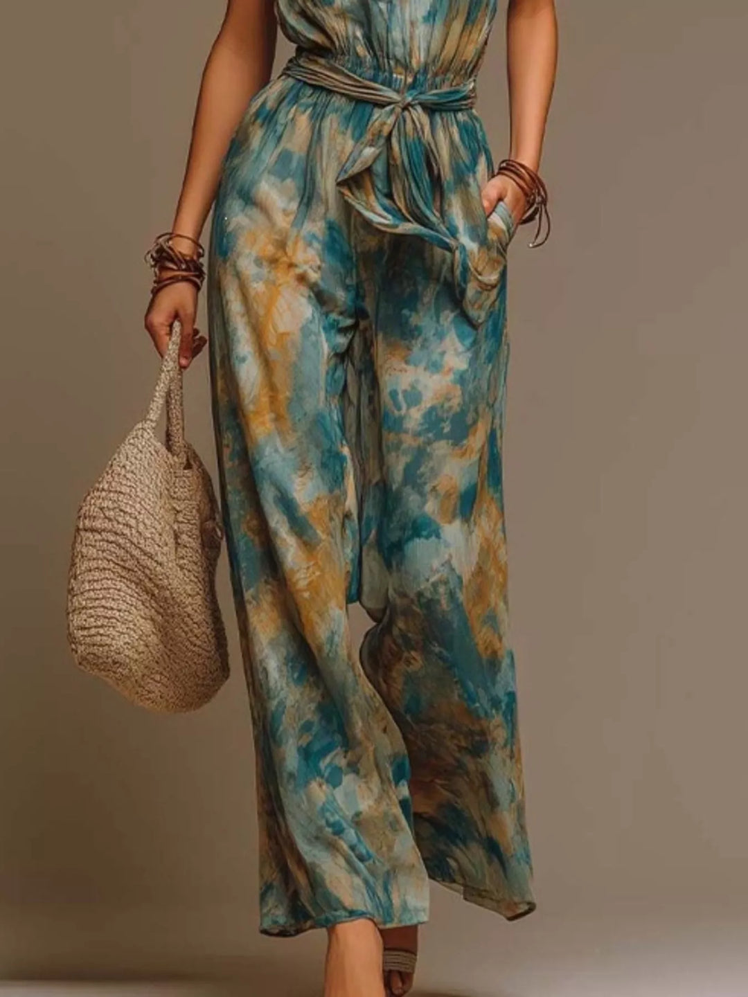 A woman models a sleeveless, wide-leg jumpsuit with a blue, teal, and tan watercolor-style print. The jumpsuit features a tie-waist belt and side pockets.