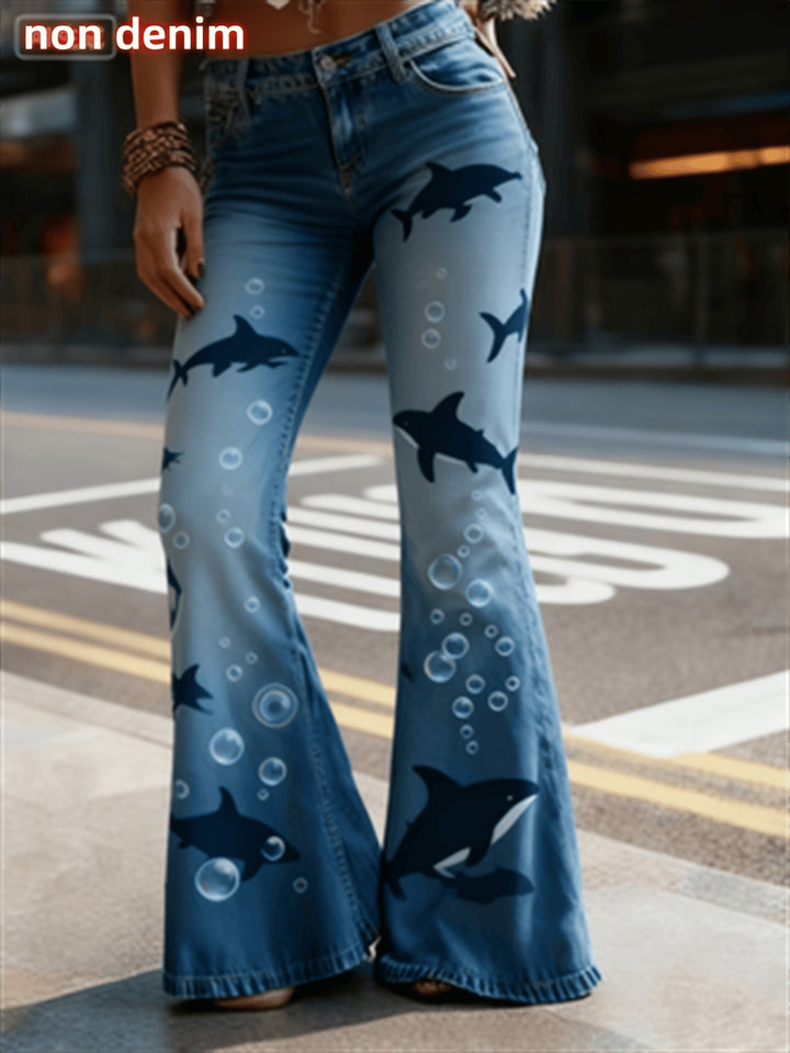 womens flared jeans wide hem flare opening with geometric pattern placement, light wash jeans for tall silhouettes
