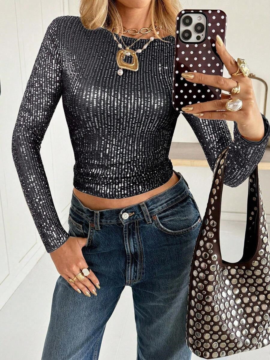 Women’s Sequin Long Sleeve Top Slim Fit Party Blouse Chic