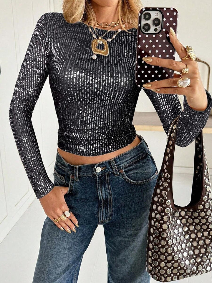 Women’s Sequin Long Sleeve Top Slim Fit Party Blouse Chic