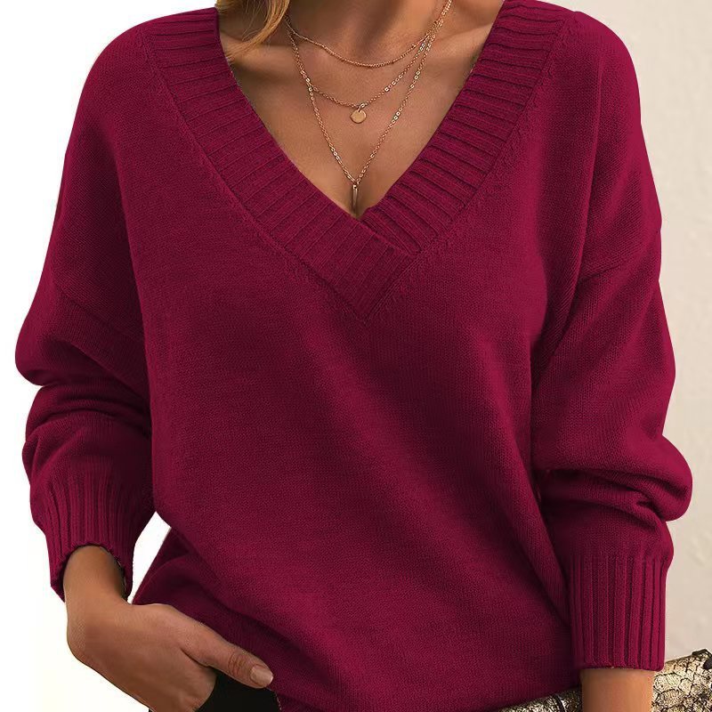 Women’s V-Neck Sweater   Cozy Loose Knit for Autumn &amp; Winter