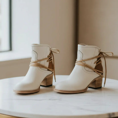 pointed toe slingback boots faux leather bootie in black with ankle lace wrap and stacked heel for jeans and dresses
