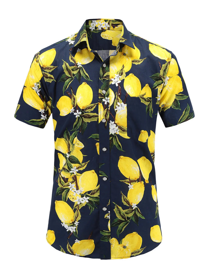 Navy citrus motif shirt shown from the front, with yellow citrus fruit, green leaves, white flowers, collar and short sleeves
