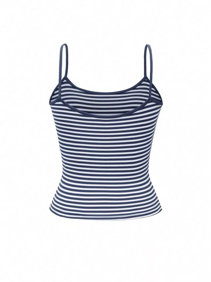 Navy and white striped tank top on a white background